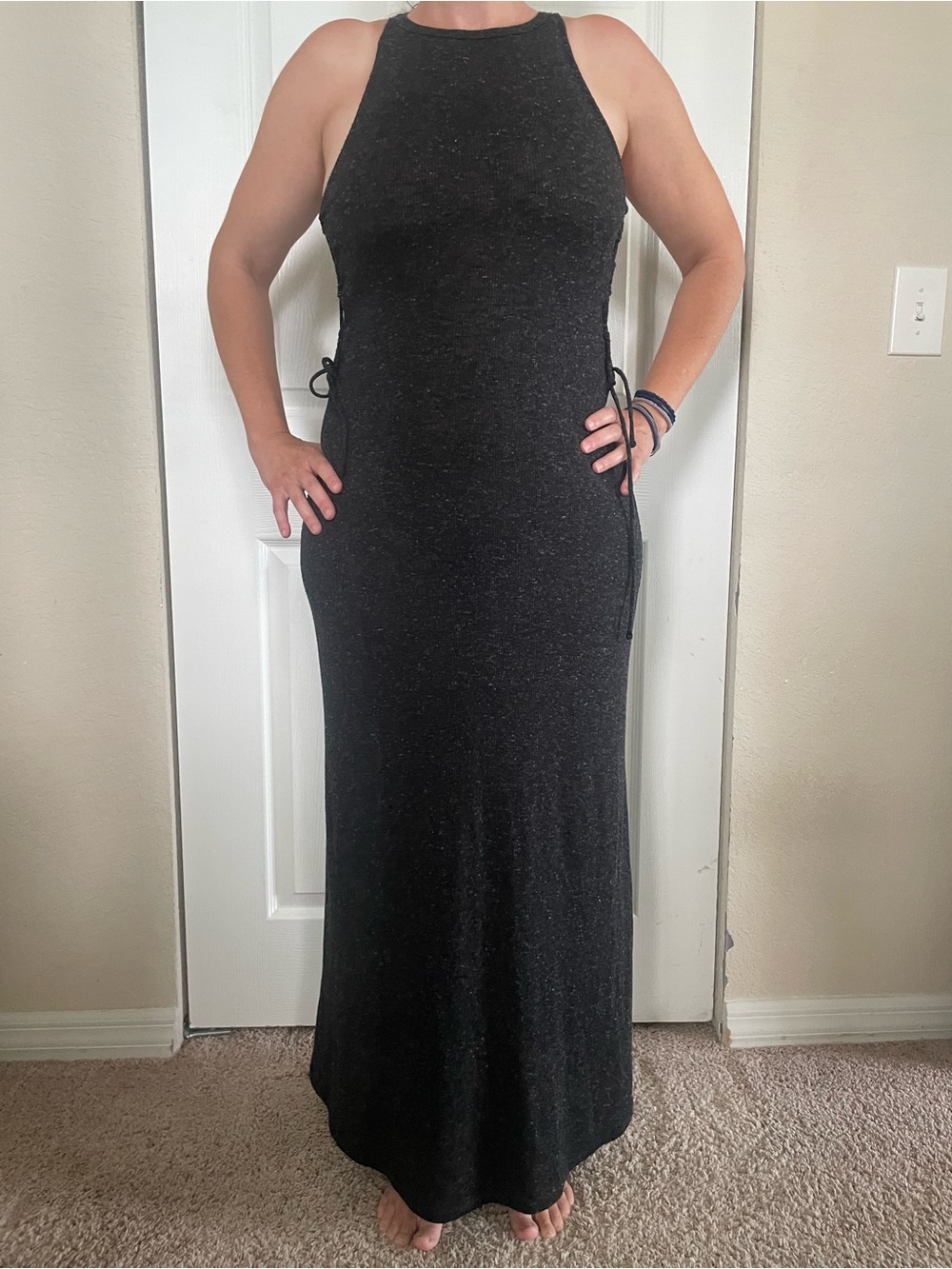 Black Sleeveless Halter Maxi Dress with Side Tie Detail